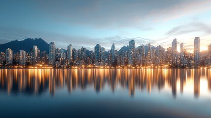Obraz premium Wide shot of a stunning skyline during the blue hour, with city lights beginning to glow against the twilight sky, Photorealistic
