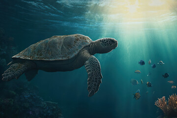 Fototapeta premium A green sea turtle glides effortlessly through crystal-clear ocean waters, illuminated by sunlight filtering down, surrounded by a variety of colorful fish.