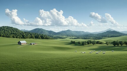 Wide shot of a serene countryside scene with rolling fields, a charming farmhouse, and livestock grazing peacefully, Photorealistic