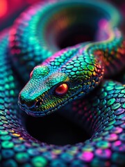 Obraz premium Vibrant neon-hued snake with iridescent scales and intense eyes