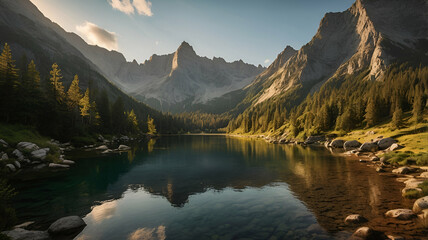 Fototapeta premium Mountains Ablaze: Golden Light and Alpine Reflections