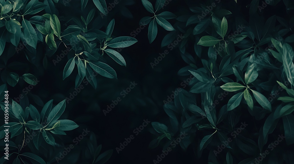 Poster dark green leaves background subtle blur background with space for custom text