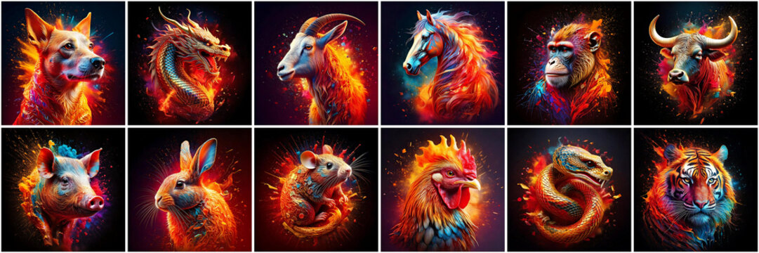 set of chinese zodiac signs over white background, isolated thumbs of china astrology signs. 