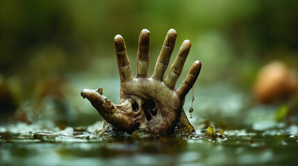 Obraz premium Decaying hand with holes emerging from swampy water, surrounded by green and brown foliage, evoking a mysterious, horror-like atmosphere in a natural setting.