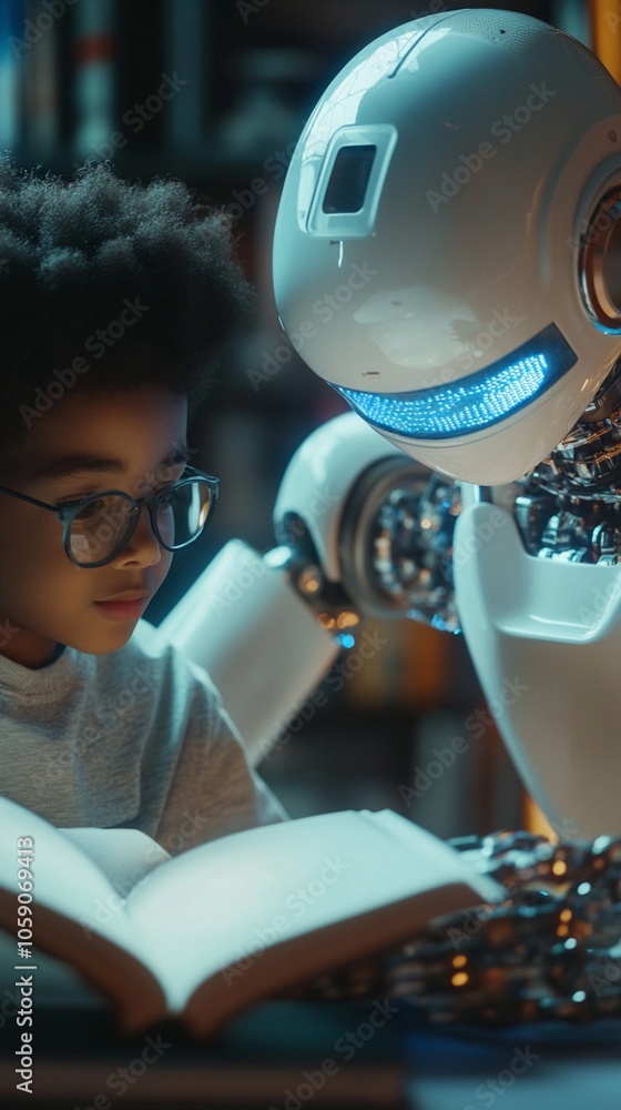 Poster futuristic education concept: young student engages with advanced ai robot tutor, both focused on op
