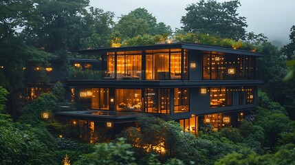 Obraz premium A modern, luxurious house with large windows and a green roof, illuminated at night, nestled amongst lush greenery.