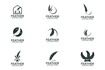 Set of Feather pen logo design vector, Feather pen signature logo design template collections