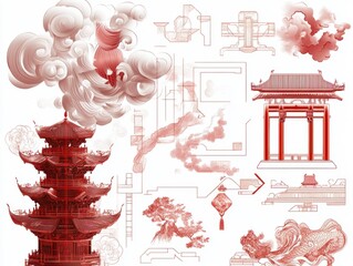 A stunning collection of traditional Chinese decorative elements showcasing architectural wonders and cultural heritage, Generative Ai, Lunar New Year, Chinese New Year