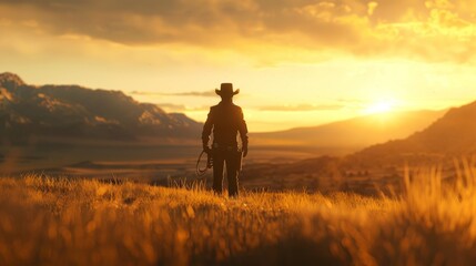 Fototapeta premium Fearless cowboy with lasso stands confidently on grassy plain against majestic mountain backdrop