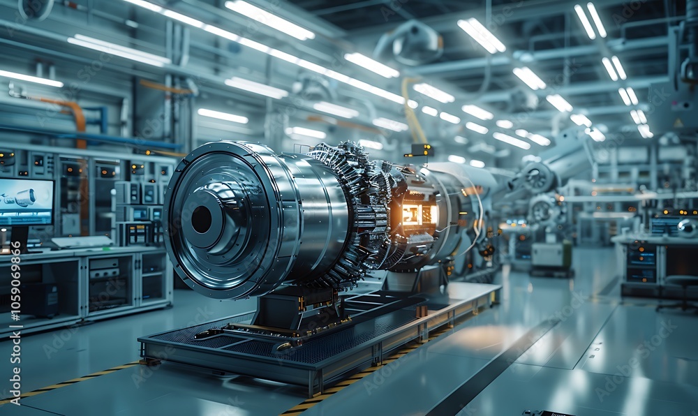 Poster A futuristic engine in a high-tech workshop environment, showcasing advanced machinery and illuminated components.