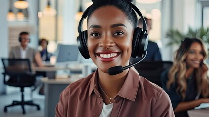 Customer Service Hero: A smiling woman with a headset looks directly at the camera, radiating warmth and professionalism. Her colleagues in the background add a sense of teamwork and support.