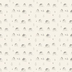 Houses seamless pattern. Vector Hand-drawn illustration. Cute sketch drawing in white on a light beige background