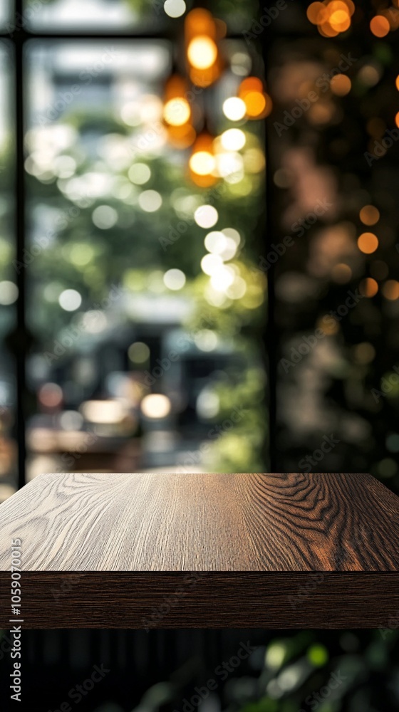 Poster rustic wooden table in foreground with blurred cafe interior behind, creating a cozy atmosphere with