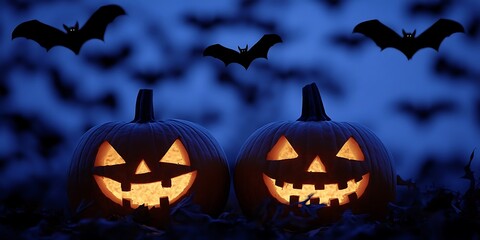 Fototapeta premium Spooky Halloween Pumpkins with Bats Clean Blank Canvas with Empty Space for Designs