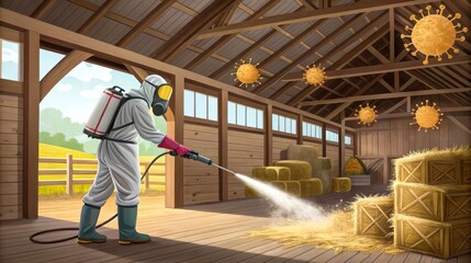 Fototapeta premium Worker in protective gear disinfecting a barn, ensuring safety from viruses, with hay bales in the background.