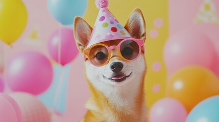 Playful Dog in Party Hat with Colorful Balloons