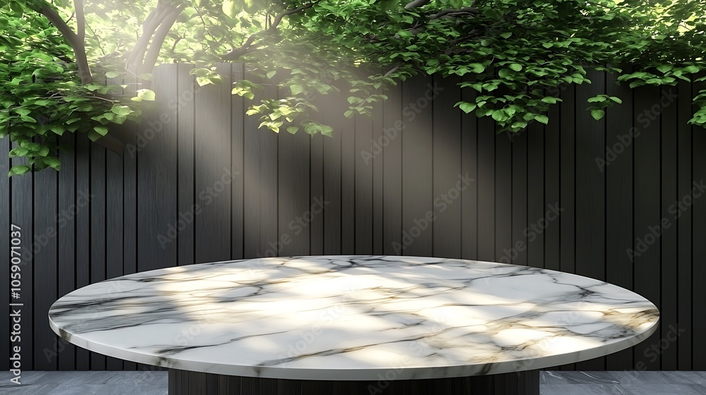 Aufkleber marble table mockup in garden plain textured background for web design and copy
