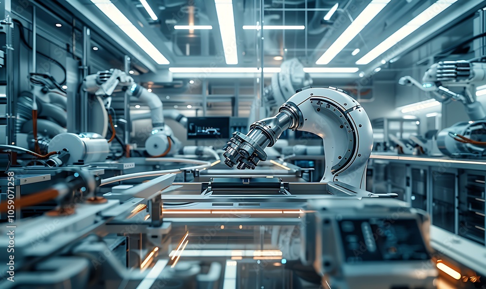 Leinwandbilder a futuristic automation scene featuring advanced robotic arms in a high-tech manufacturing environme