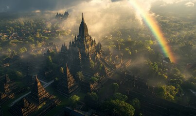 Ancient temple complex shrouded in mist and a rainbow.