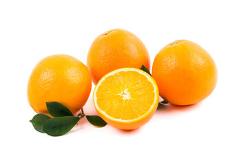 oranges and leaves on a white background