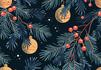 A pattern of vintage Christmas decorations and pine branches, with colorful hand-drawn elements like bells, snowflakes, and holly leaves