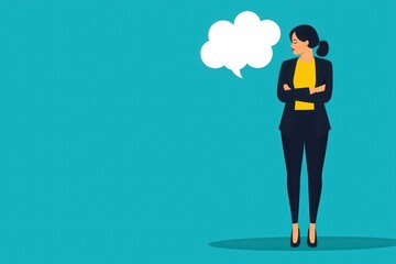 Obraz premium A professional woman stands confidently against a teal background, arms crossed, with a speech bubble above her, suggesting communication or thoughtfulness.