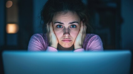 A concerned woman stares at a laptop in a dimly lit room, showing signs of stress and frustration.