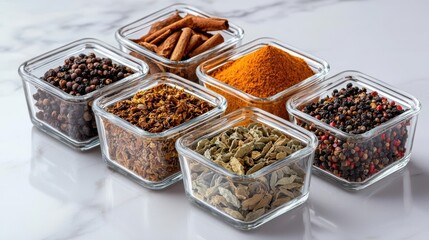 Spices arranged in glass containers on a marble surface.