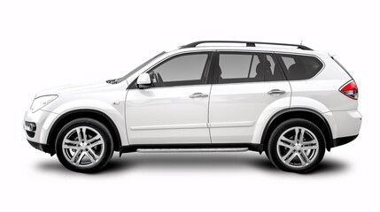 White SUV Car Isolated on White Background with Clipping Path: Side View