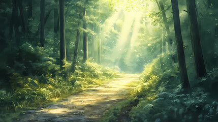 Obraz premium Watercolor painting of a forest path. Sunlit Forest. Illustration