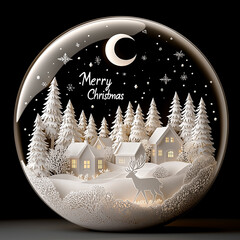 Elegant paper-cut Christmas scene in a glass globe featuring snowy pine trees, cozy village houses, a crescent moon, and a deer under a starry sky with "Merry Christmas" text. Winter wonderland