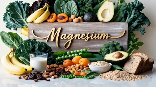 Various fresh food fruits and vegetables with the sign magnesium