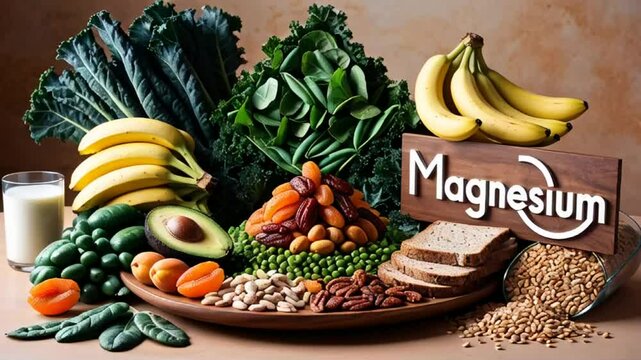 Various fresh food fruits and vegetables with the sign magnesium