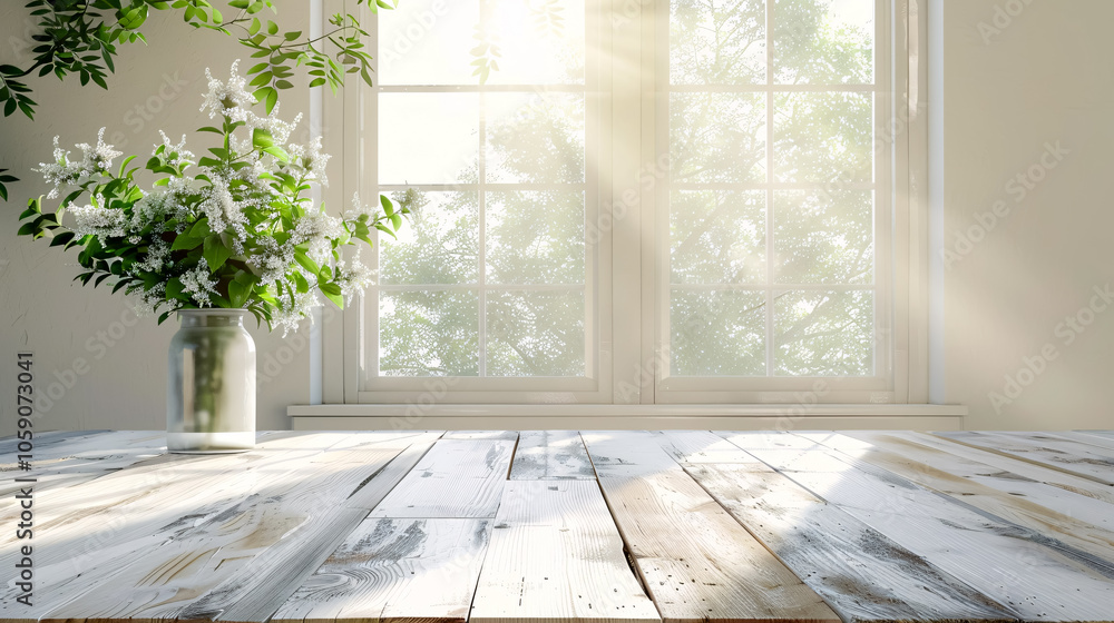 Poster white wood table with large spring window and copy space