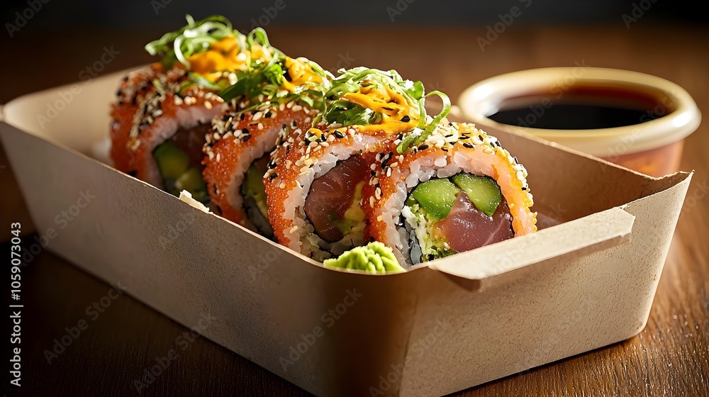 Poster beautifully presented sushi rolls neatly arranged in a take out container accompanied by wasabi and 