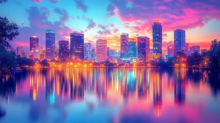 Obraz premium A vibrant cityscape at sunset, with skyscrapers reflected in a calm lake. The sky is ablaze with pink, orange, and blue hues, creating a breathtaking scene.