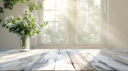 Fototapeta premium White Wood Table with Large Spring Window and Copy Space