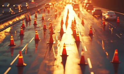 Obraz premium Traffic cones line a wet road at sunset.
