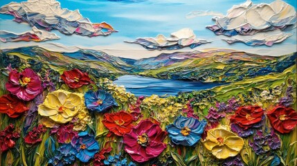 Fototapeta premium Colorful Floral Landscape with Scenic Mountains