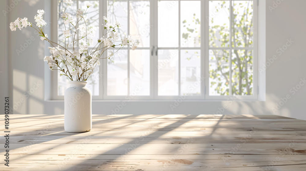 Poster white wood table with large spring window and copy space