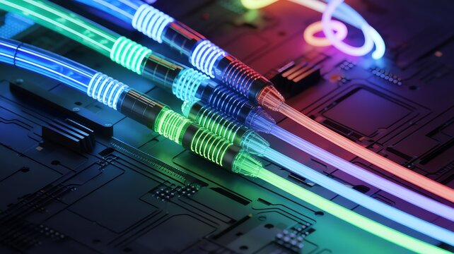 Colorful fiber optic cables glowing on a circuit board, symbolizing fast internet and technology communication networks.