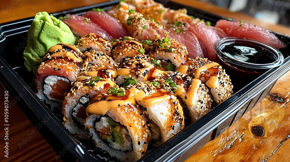 Poster beautifully presented sushi rolls neatly arranged in a takeout container accompanied by traditional 