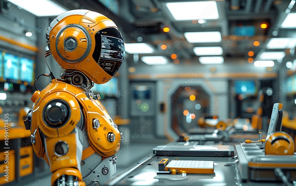 Aufkleber a futuristic robotic figure in a technologically advanced space, characterized by vibrant orange acc
