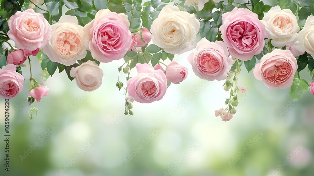Poster pink and white roses in bloom subtle blur background with space for custom text