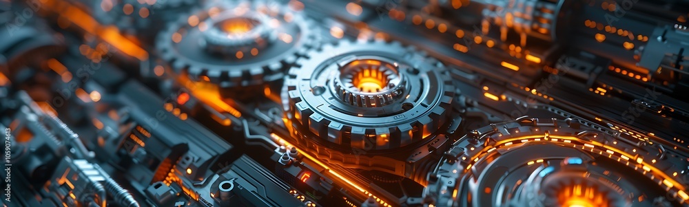 Poster A close-up view of intricate mechanical gears with glowing elements, showcasing a blend of technology and craftsmanship.