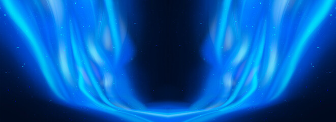 Abstract blue neon background with waves, northern lights, ice tunnel.