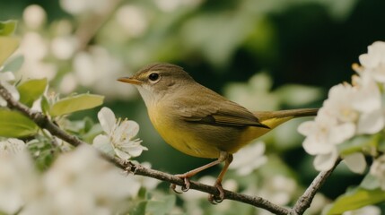 Obraz premium Small bird perched on branch with white flowers