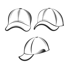 Baseball Cap Silhouette outline Vector Set in white background.