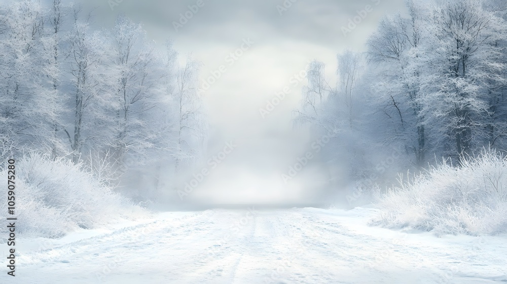 Poster serene winter backdrop with snowy trees and soft fog for commercial use. generative ai.