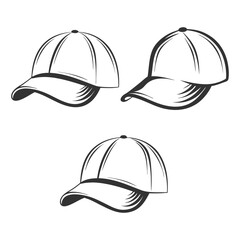 Baseball Cap Silhouette outline Vector Set in white background.